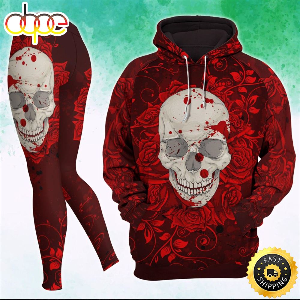 White Skull And Red Flower Artwork Combo Hoodie And Leggings
