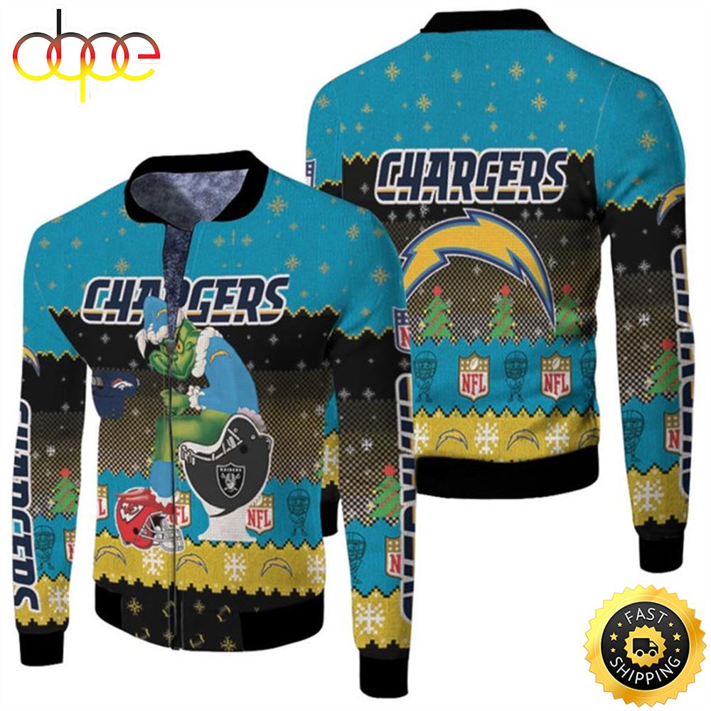 Anta Grinch Los Angeles Chargers Sitting On Raiders Broncos Chiefs Toilet Christmas Gift For Chargers Fans Fleece Bomber Jacket Rb9tjt.jpg