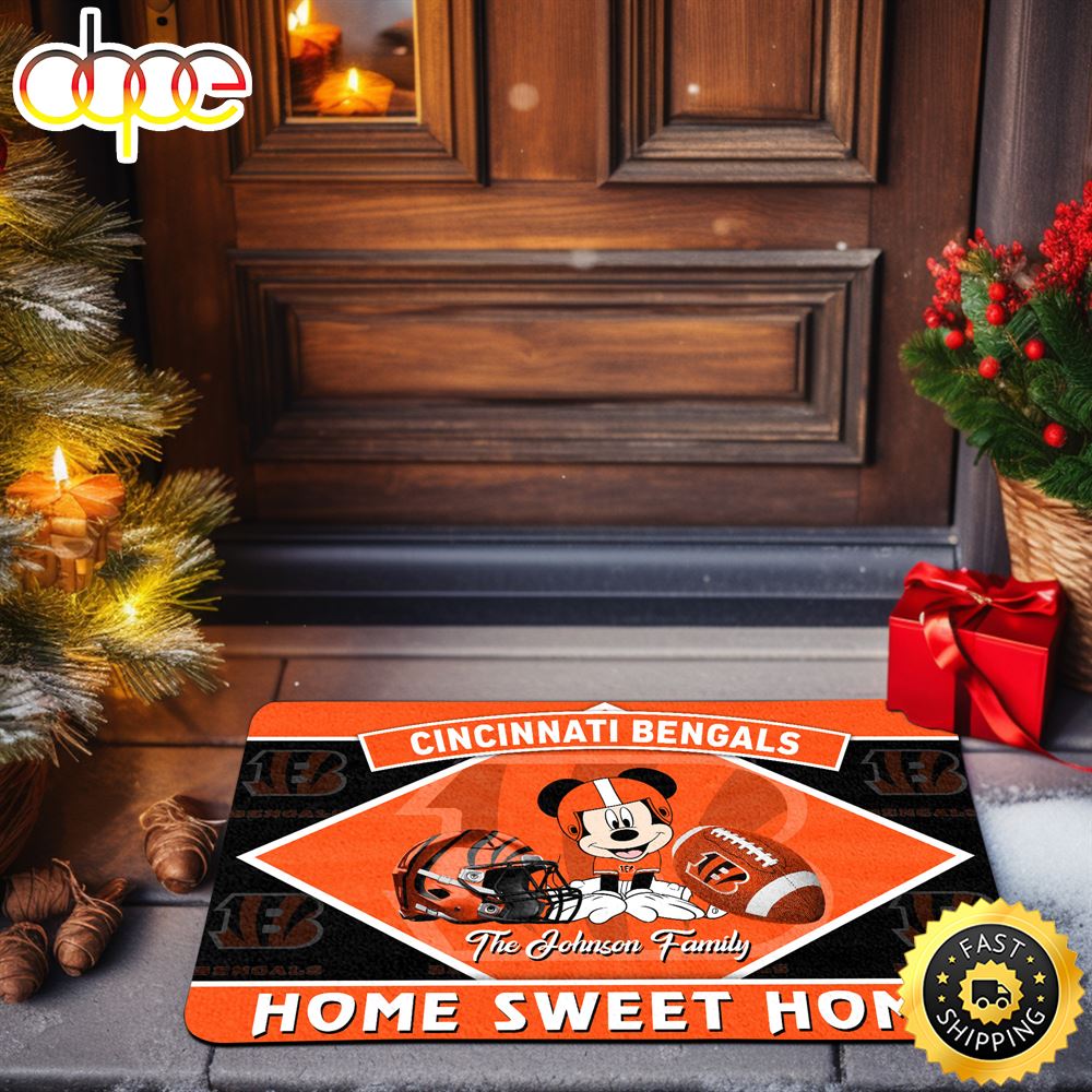 Cincinnati Bengals Doormat Custom Your Family Name Sport Team And Mickey Mouse NFL Doormat Ool35x.jpg