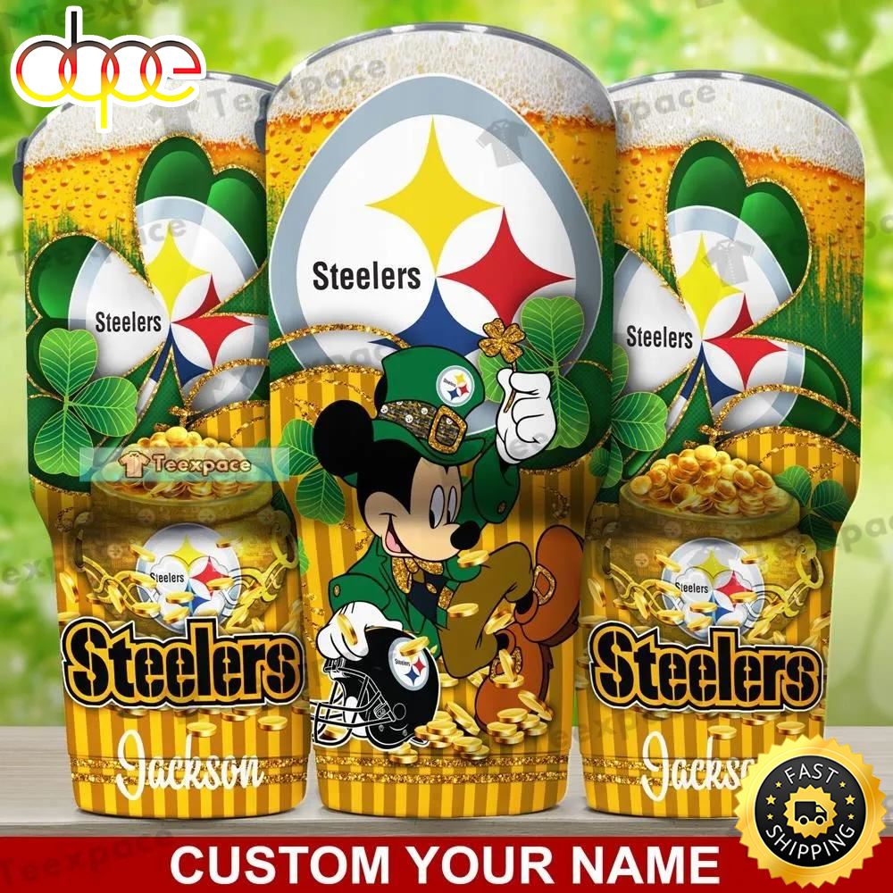 Custom Name Steelers Green Irish Mickey Mouse Tumbler