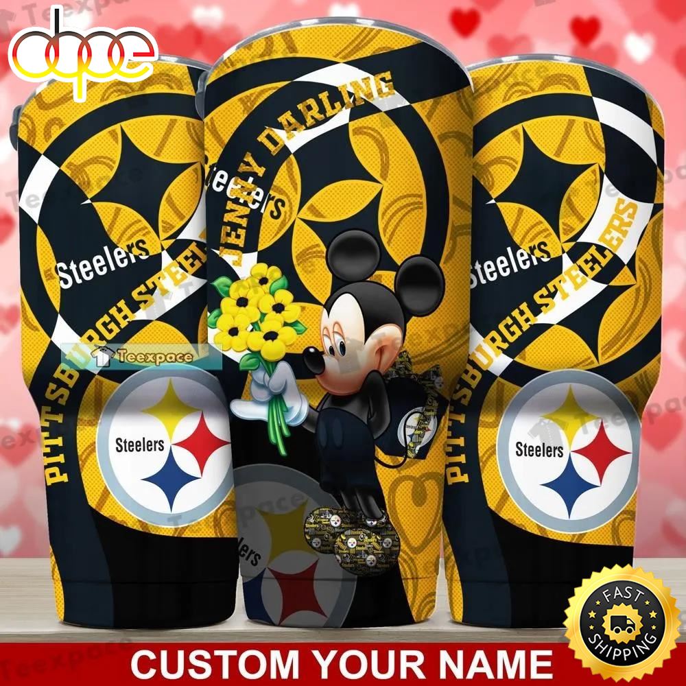Custom Name Steelers Mickey Holding Flower Tumbler