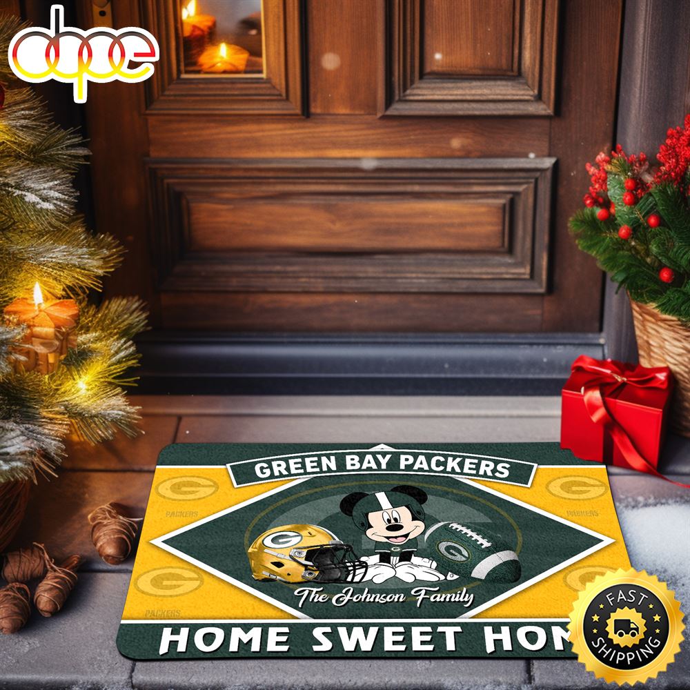 Green Bay Packers Doormat Custom Your Family Name Sport Team And Mickey Mouse NFL Doormat Nplacy.jpg