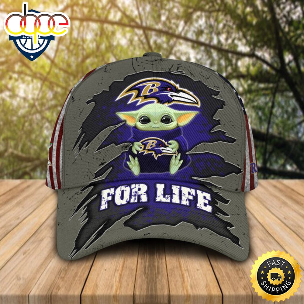 HOT Baby Yoda Hug Baltimore Ravens Logo For Life Cap