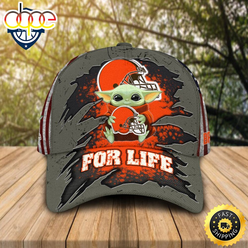 HOT Baby Yoda Hug Cleveland Browns Logo For Life Cap