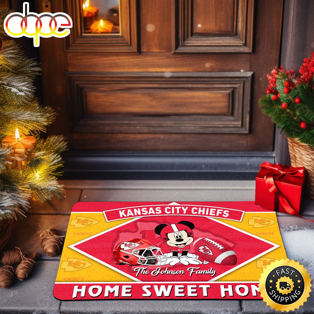 Kansas City Chiefs Doormat Custom Your Family Name Sport Team And Mickey Mouse NFL Doormat Xqc4or.jpg