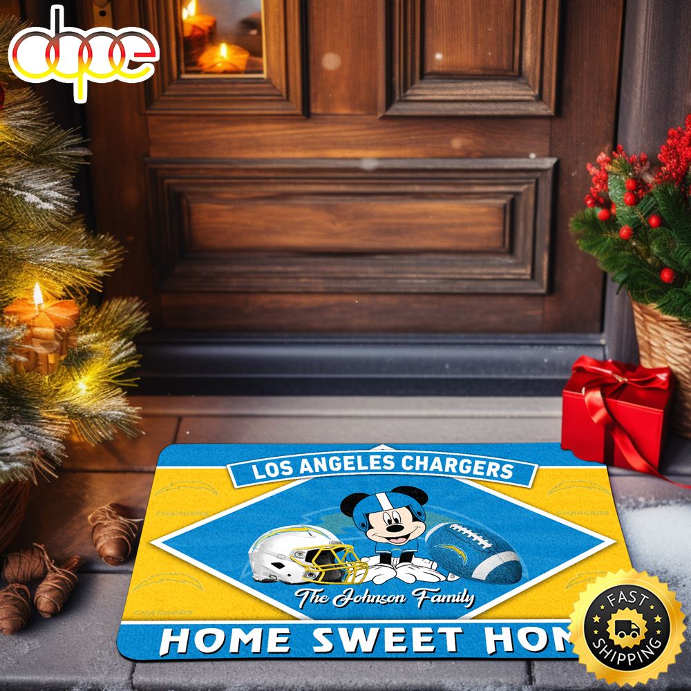 Los Angeles Chargers Doormat Custom Your Family Name Sport Team And Mickey Mouse NFL Doormat Vcyvn2.jpg
