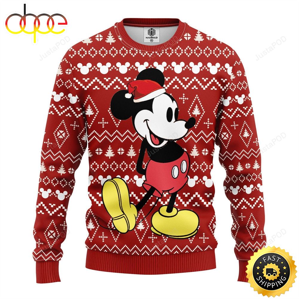 Mickey Wearing Santa Hat Ugly Christmas Sweater, Perfect Holiday Gift