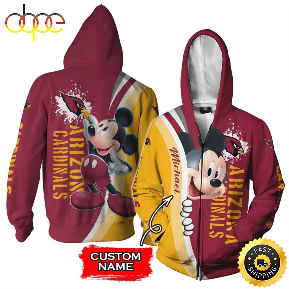 NFL Personalized Arizona Cardinals Mickey Mouse All Over Print 3D Zip Hoodie