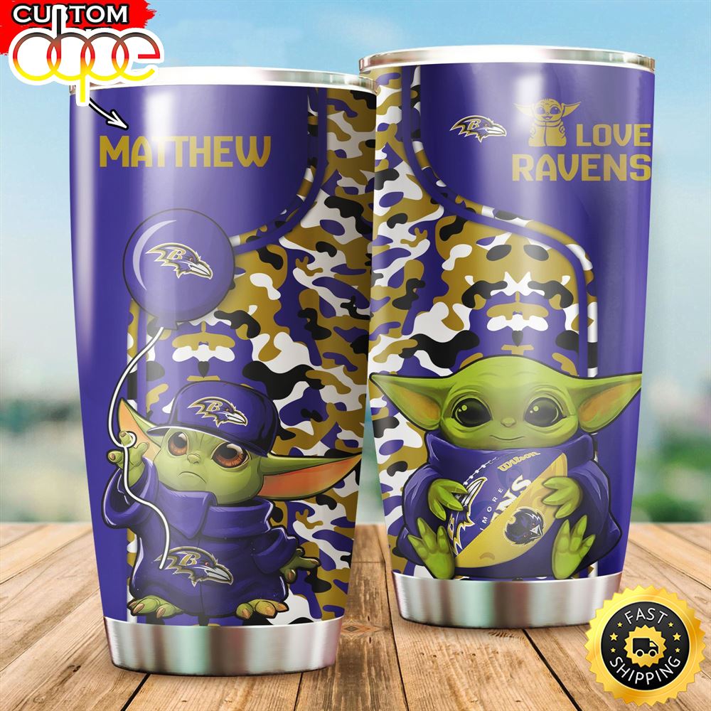 NFL Personalized Baltimore Ravens Baby Yoda All Over Print 3D Tumbler