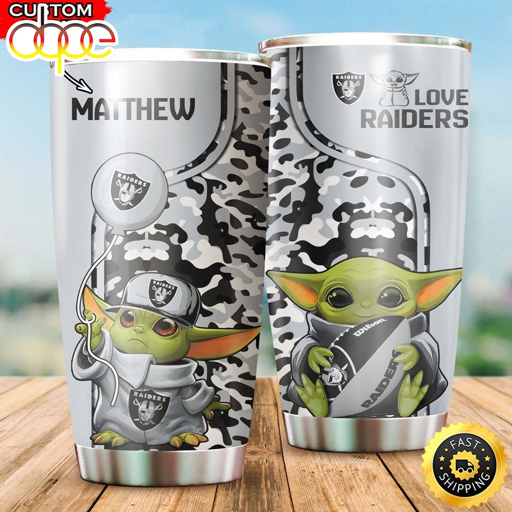 NFL Personalized Las Vegas Raiders Baby Yoda All Over Print 3D Tumbler