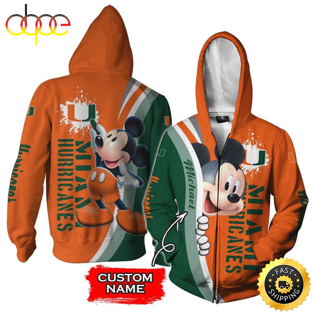 NFL Personalized Miami Hurricanes Mickey Mouse All Over Print 3D Zip Hoodie