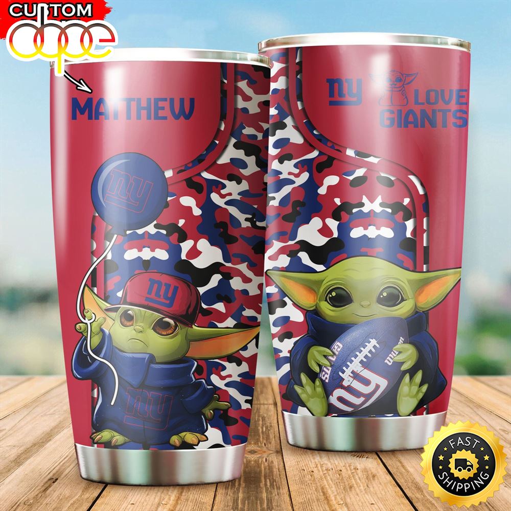 NFL Personalized New York Giants Baby Yoda Camo All Over Print 3D Tumbler