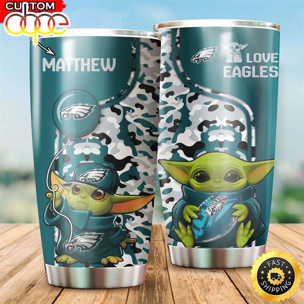 NFL Personalized Philadelphia Eagles Baby Yoda All Over Print 3D Tumbler