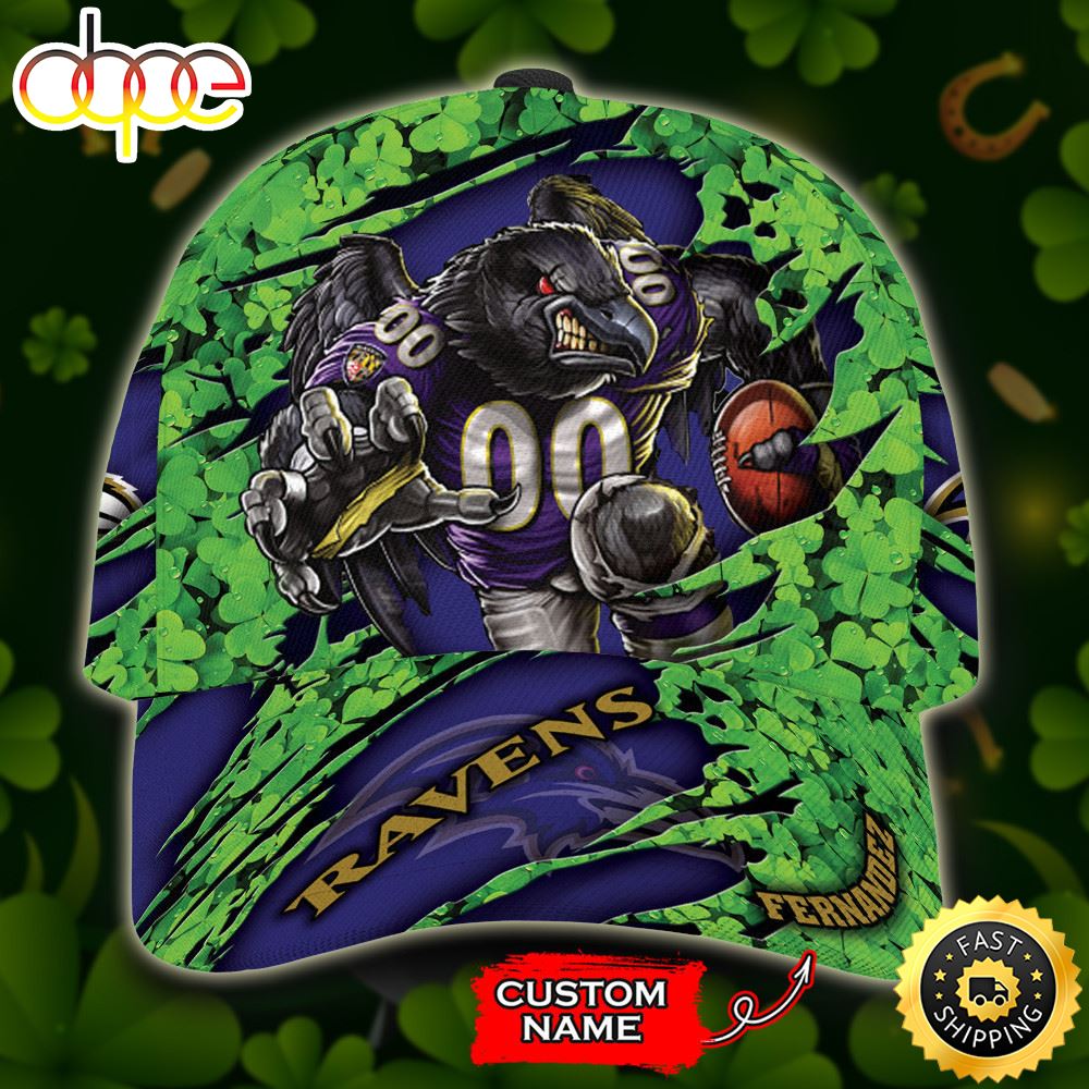 Personalized Baltimore Ravens Mascot St Patrick Day All Over Print 3D Baseball Cap Blue Green TPH Wjrfo3.jpg
