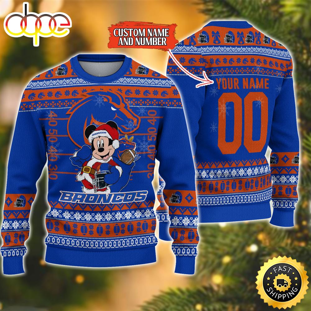 Personalized Boise State Broncos Mickey Ugly Christmas Sweater,