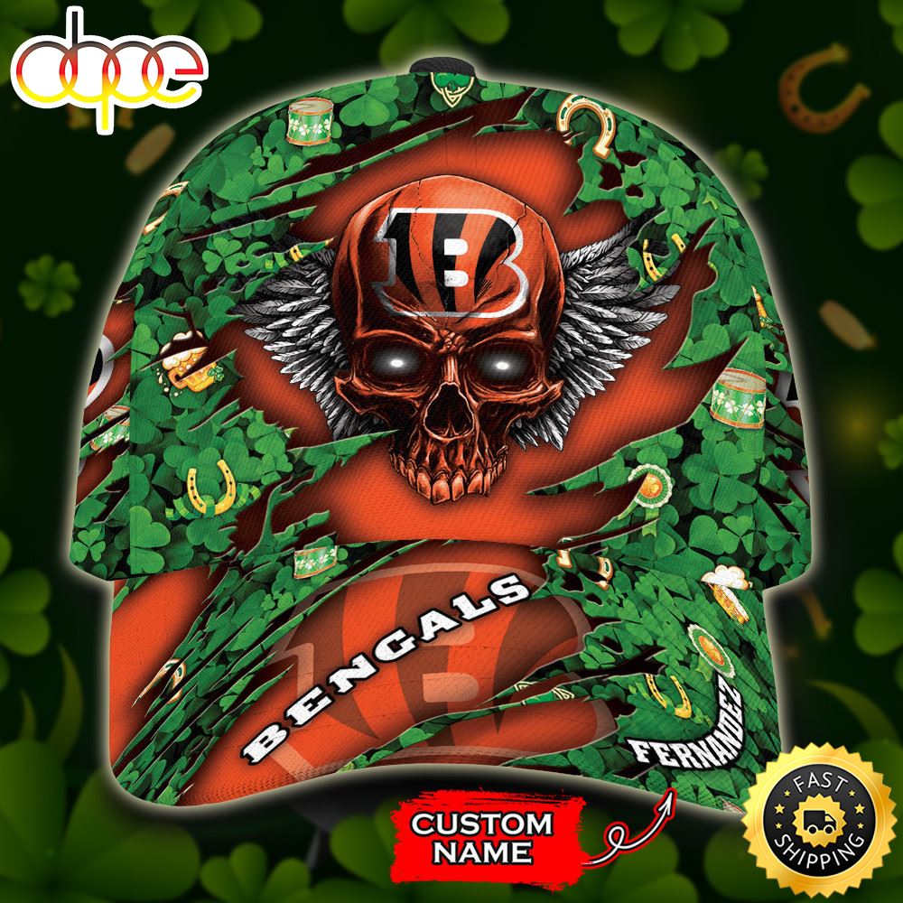 Personalized Cincinnati Bengals St Patrick Day Skull All Over Print 3D Baseball Cap Orange Green TPH Ao5sko.jpg