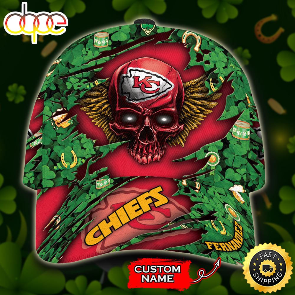 Personalized Kansas City Chiefs St Patrick Day Skull All Over Print 3D Baseball Cap Green Red TPH Hsrdzg.jpg