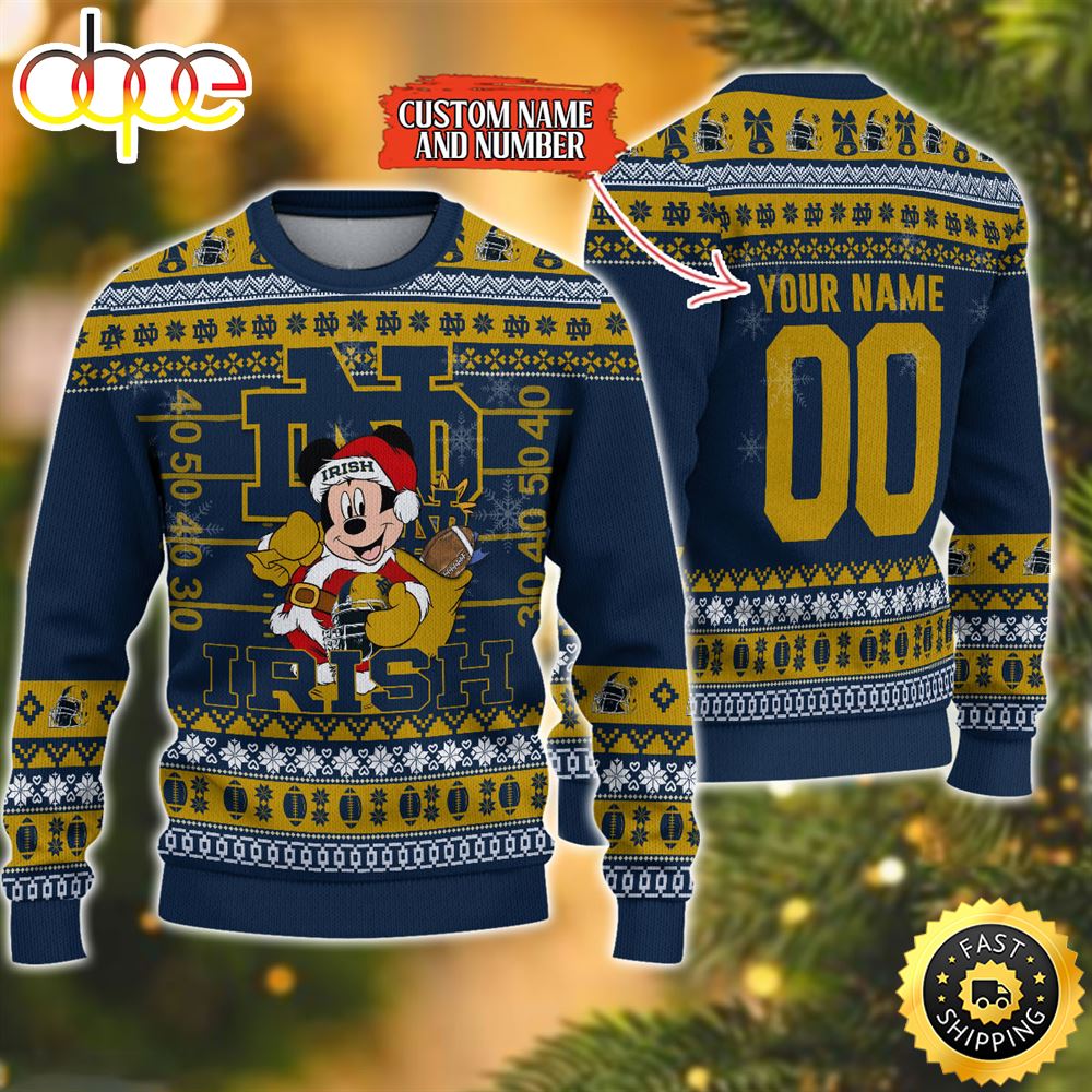Personalized Notre Dame Fighting Irish Mickey Ugly Christmas Sweater,