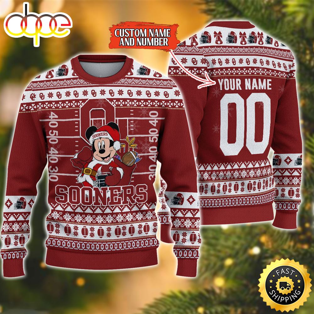 Personalized Oklahoma Sooners Mickey Ugly Christmas Sweater,