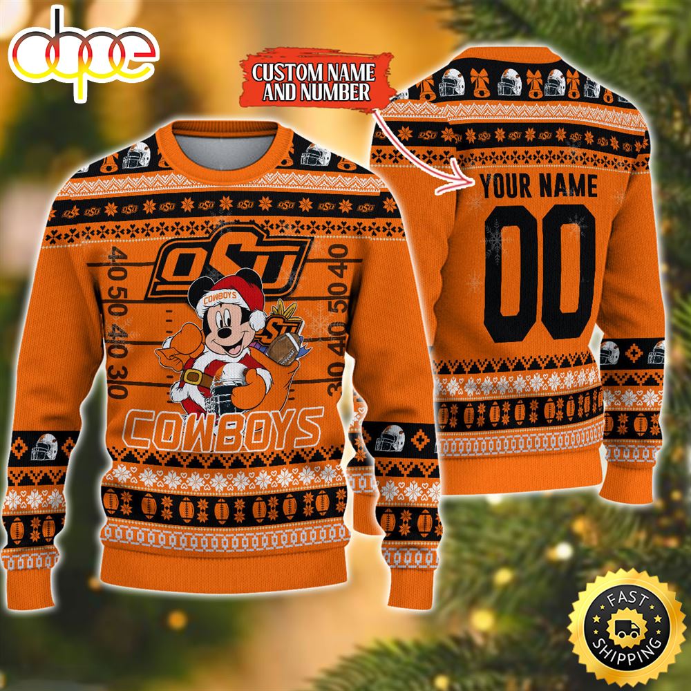 Personalized Oklahoma State Cowboys Mickey Ugly Christmas Sweater,