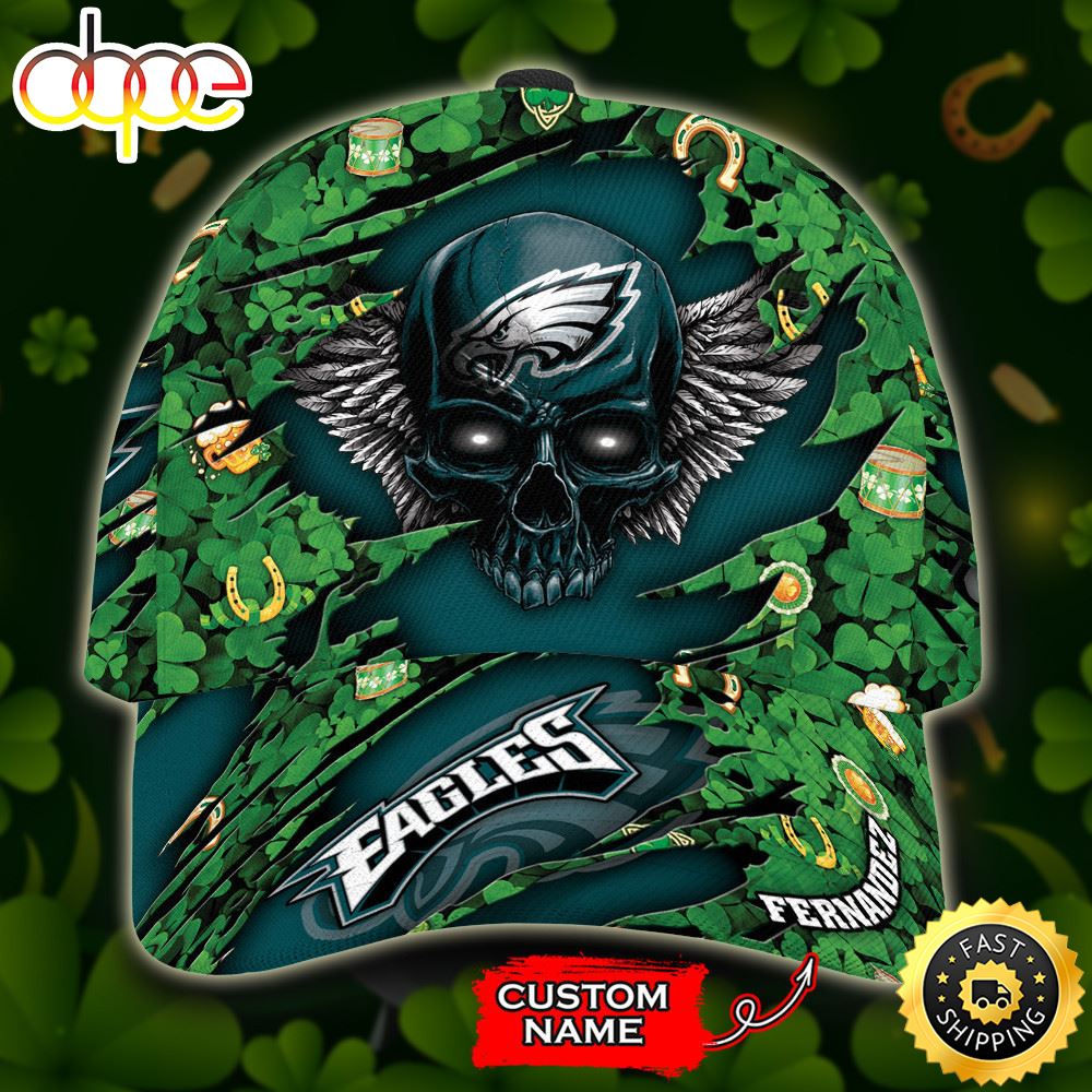 Personalized Philadelphia Eagles St Patrick Day Skull All Over Print 3D Baseball Cap Green Blue TPH Gsk9iv.jpg