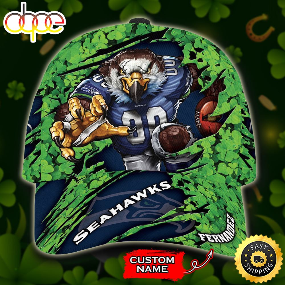 Personalized Seattle Seahawks St Patrick Day Mascot All Over Print 3D Baseball Cap Navy Green TPH Ymv4dj.jpg