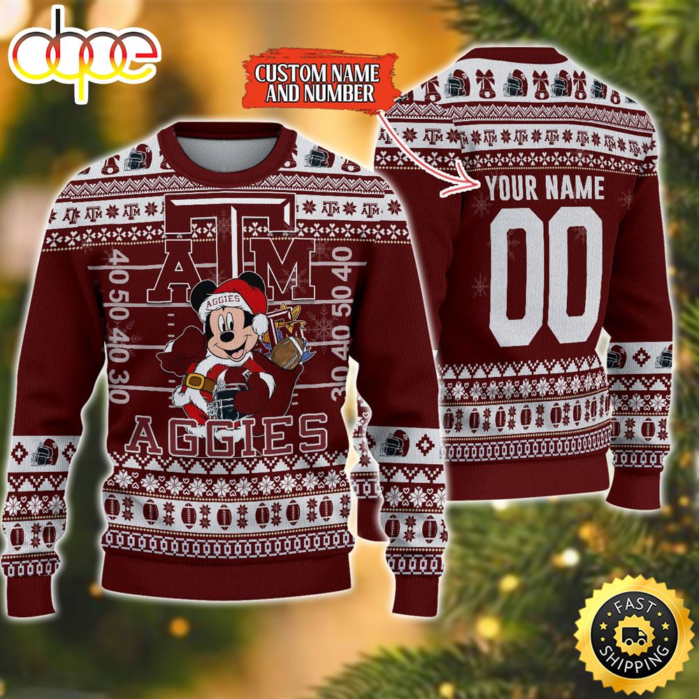 Personalized Texas AM Aggies Mickey Ugly Christmas Sweater,