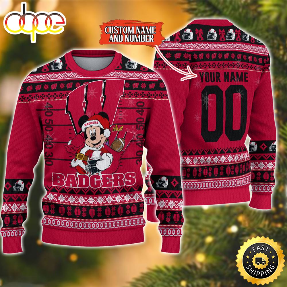 Personalized Wisconsin Badgers Mickey Ugly Christmas Sweater,