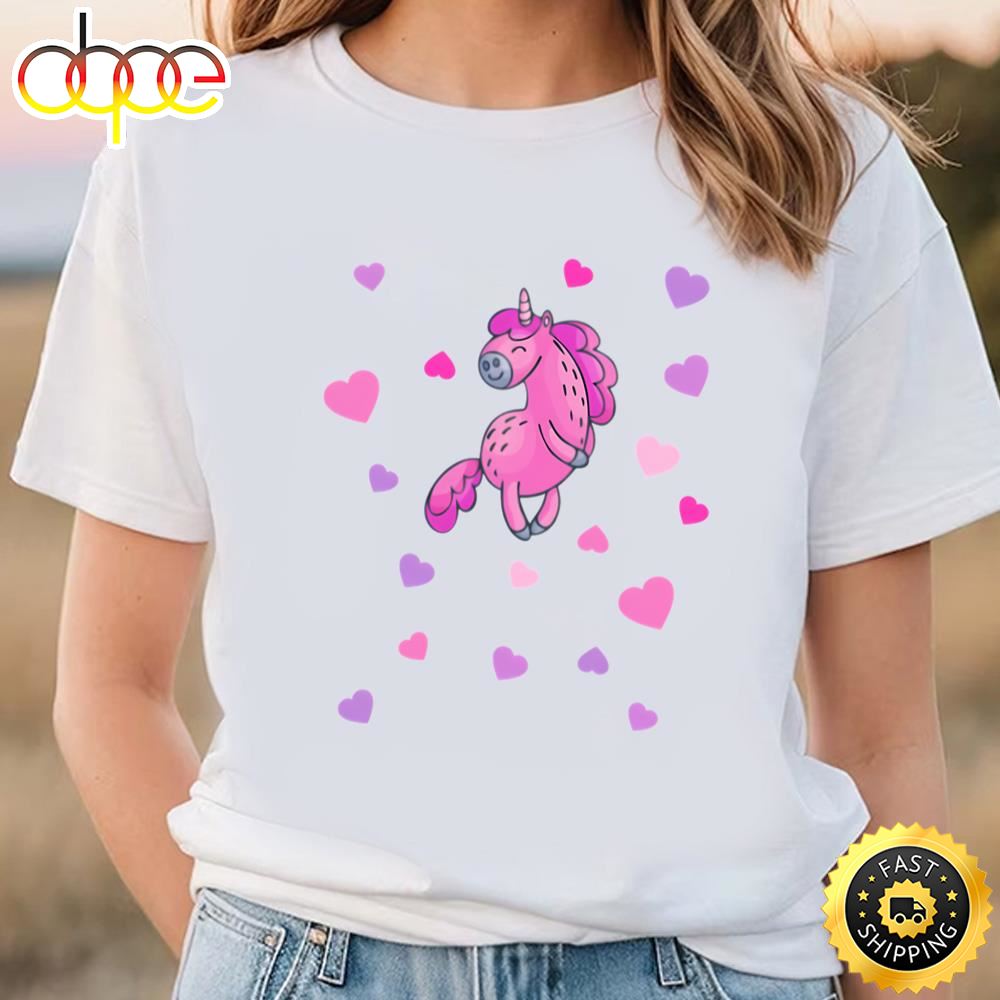 Pink Unicorn With Pink And Purple Hearts T Shirt