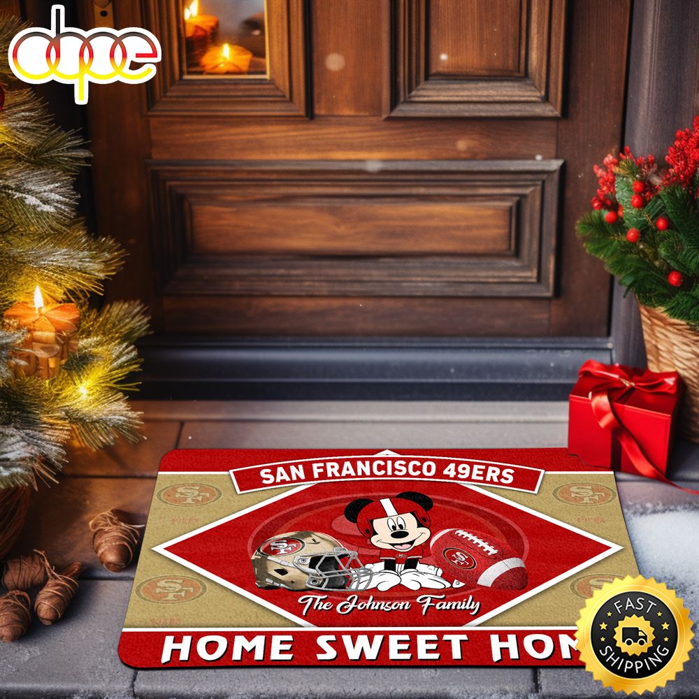 San Francisco 49ers Doormat Custom Your Family Name Sport Team And Mickey Mouse NFL Doormat Xoyrjq.jpg