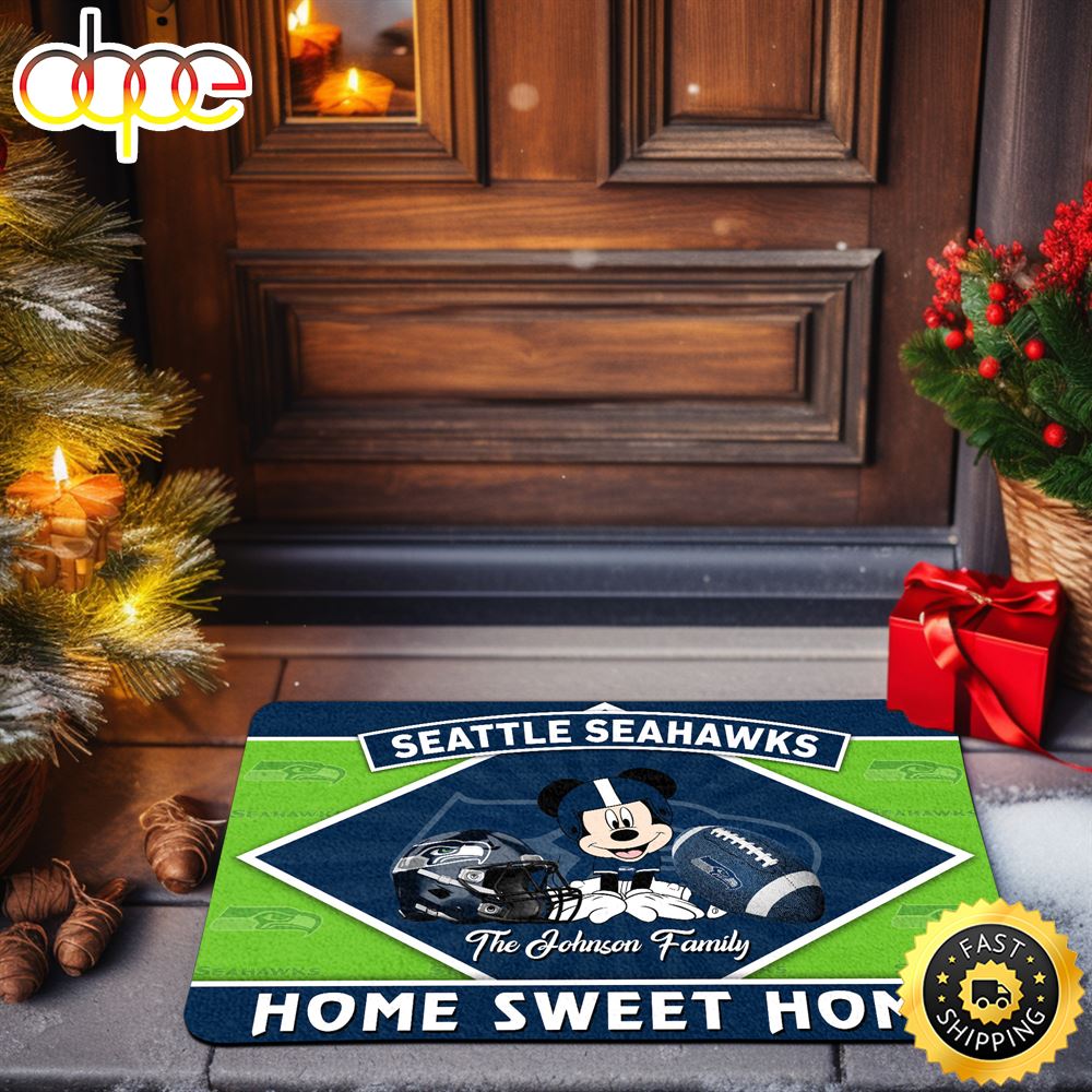 Seattle Seahawks Doormat Custom Your Family Name Sport Team And Mickey Mouse NFL Doormat Tmfcq3.jpg