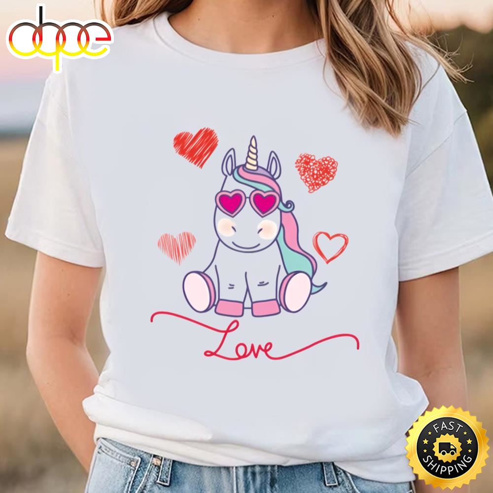 Unicorn Love Hearts Sweet Valentines Lovers Gift T Shirt