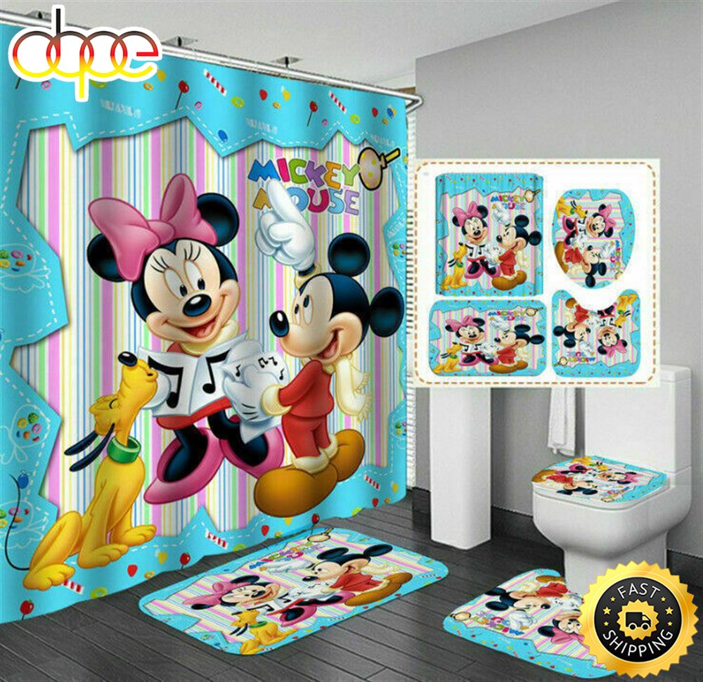 3d Cartoon Mickey Shower Curtain Set Waterproof Bath Toilet Cover Rug