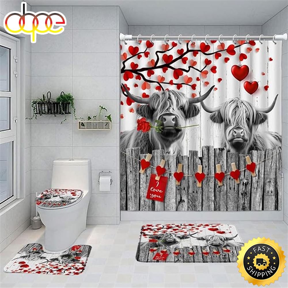 4 Piece Valentines Day Cow Shower Curtain Sets Rustic Farmhouse Highland Cows Country Romantic Red Love Heart Tree Branches Wooden Rose Rugs Toilet Lid Cover Bath Mat Bathroom Curtains Set