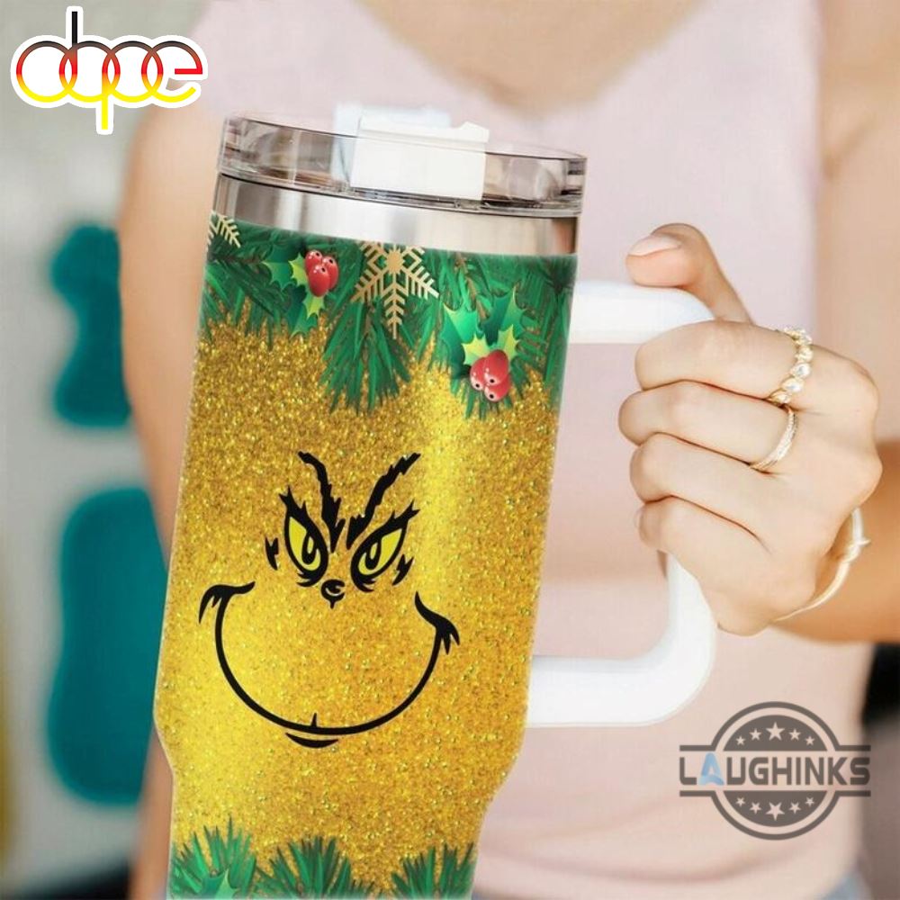 40Oz Tumbler The Grinch Face Yellow Faux Glitter Cups The Grinch Who Stole Christmas 40 Ounce Stainless Steel Stanley Cup 40 Oz Xmas Travel Mugs Merry Grinchmas