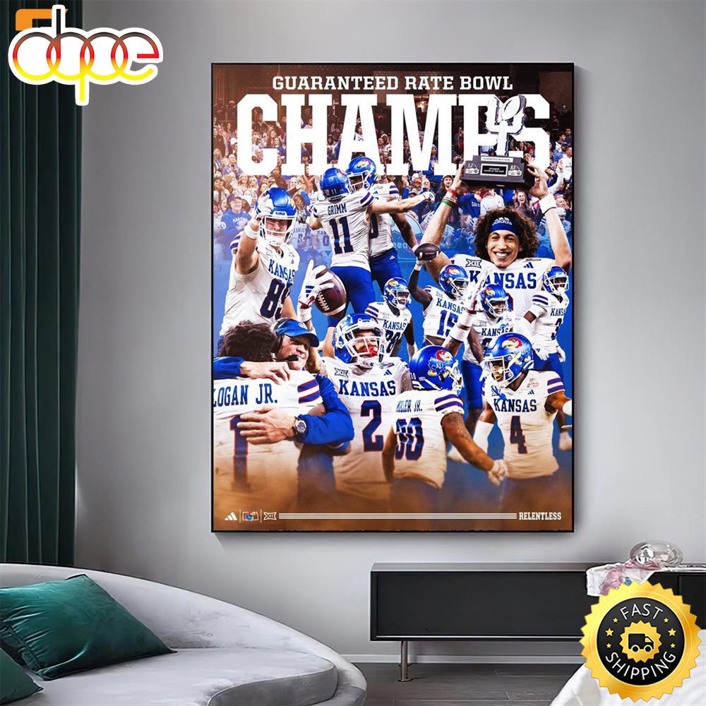 9 Wins And Guaranteed Rate Bowl Champions For Kansas Jayhawks NCAA Football Home Decor Poster Canvas