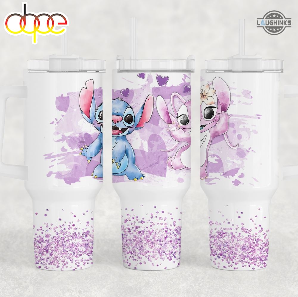 Angel And Stitch Tumbler 40 Oz Disney Cartoon Stanley Cups Dupe 40Oz Lilo And Stitch Stainless Steel Cup With Handle Valentines Day Gift For Couples