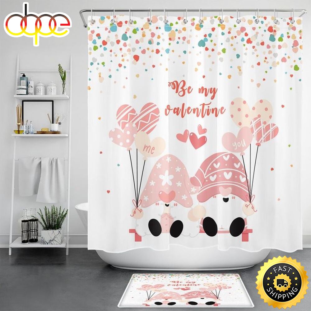 Be Mine Valentine Shower Curtains Love Quote Bathroom Curtains Gnome Couple Valentine Decoration