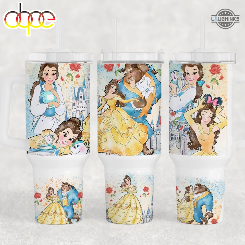 Belle Cup 40 Oz Disney Stanley Tumblers Dupe 40Oz Beauty And The Beast Stainless Steel Tumbler With Handle Disney Princess Gift For Her For Kids