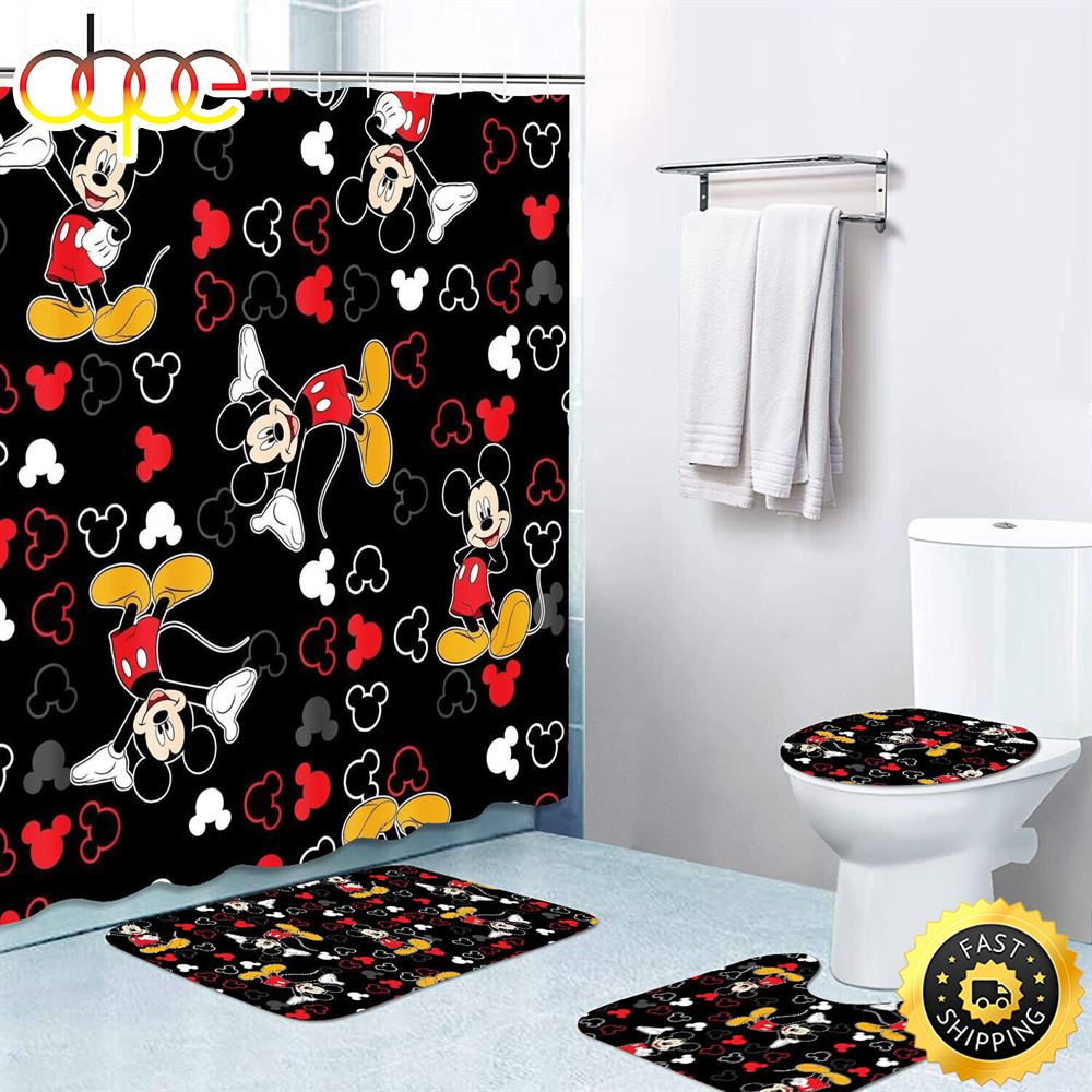 Big Ear Mickey Waterproof Shower Curtain Toilet Lid Cover Bath Mat Rug