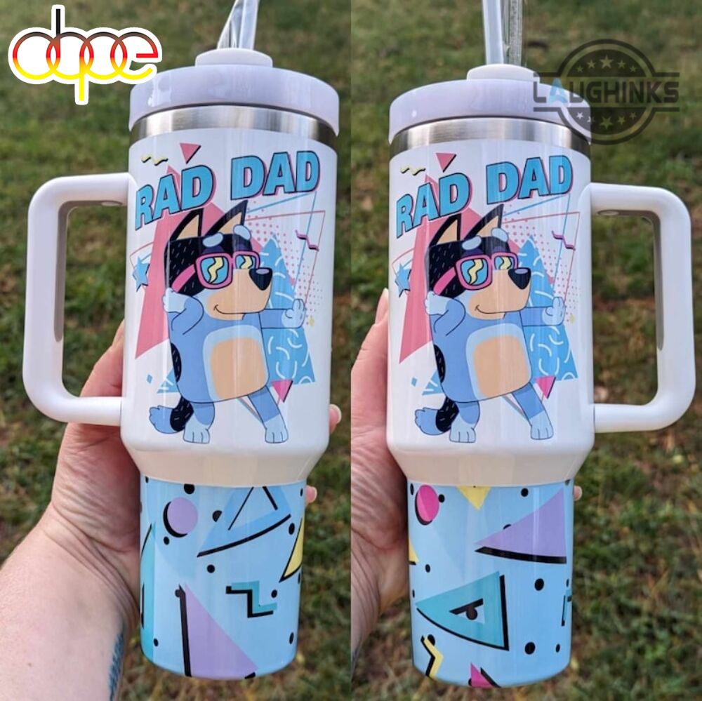 Bluey Tumbler Cup 40Oz Bluey Rad Dad 40 Oz Stanley Tumbler Dupe Bandit Heeler Disney Cartoon Stainless Steel Cups With Handle Gift For Dads