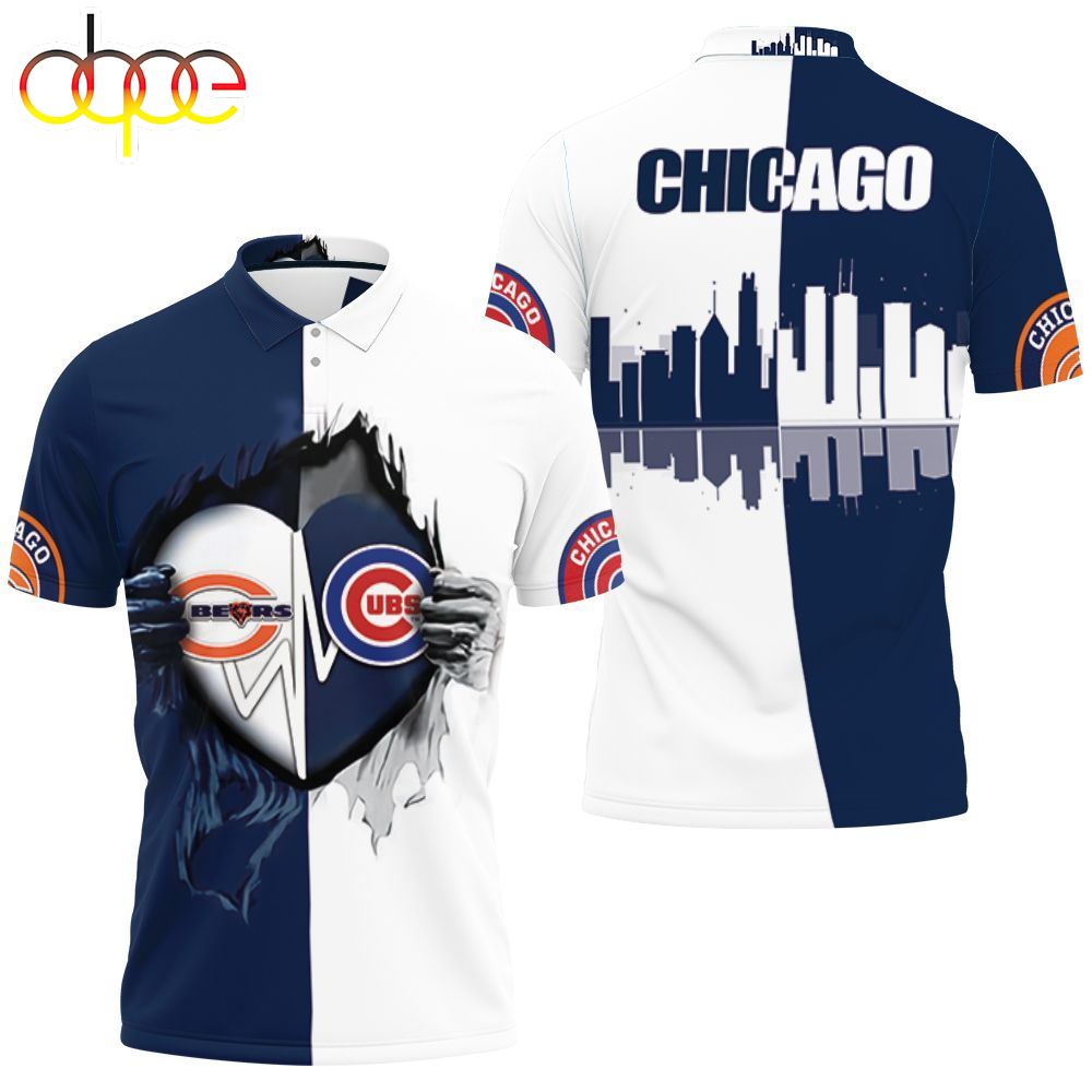 Chicago Bears Chicago Cubs Heartbeat Love Ripped 3d Polo Shirt
