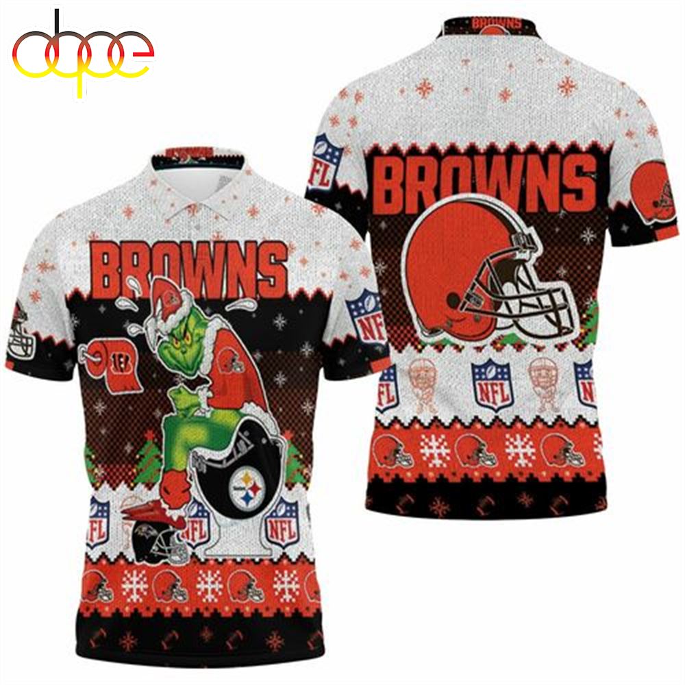 Christmas Cleveland Browns Grinch In Toilet Christmas Knitting Patt Jersey Polo Shirt