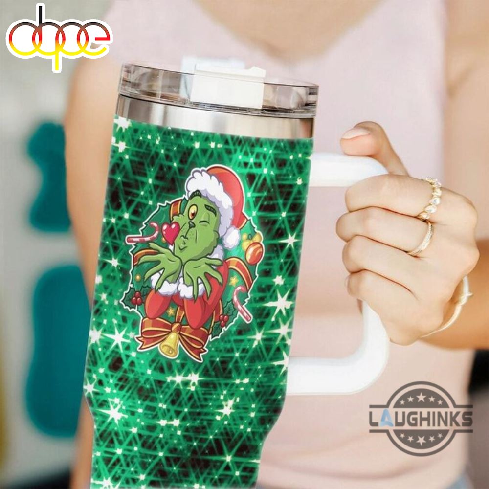 Christmas Grinchmas Pattern Green Tumbler The Grinch Who Stole Christmas 40Oz Cups With Handle Faux Glitter Stainless Steel Stanley Cup 40 Oz Xmas Travel Mugs Gift