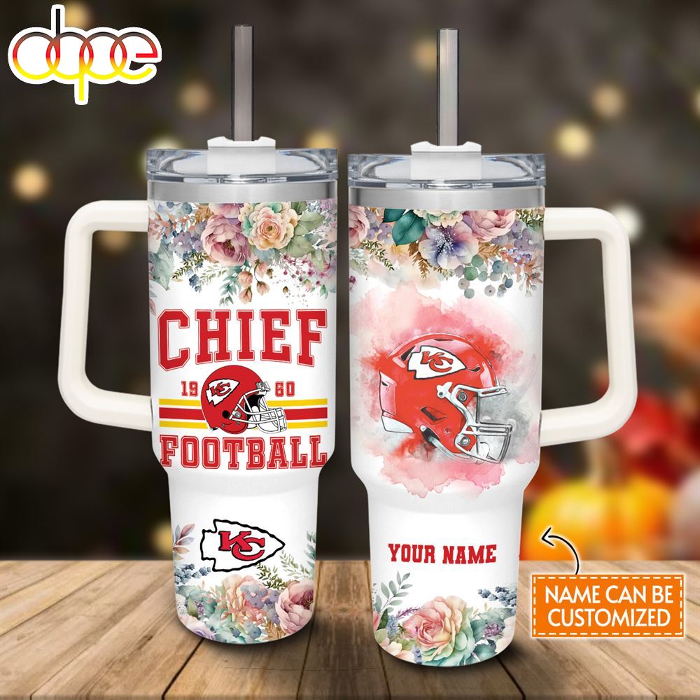 Custom Name Chiefs Helmet Flame Pattern 40oz Stainless Steel Tumbler With Handle And Straw Lid