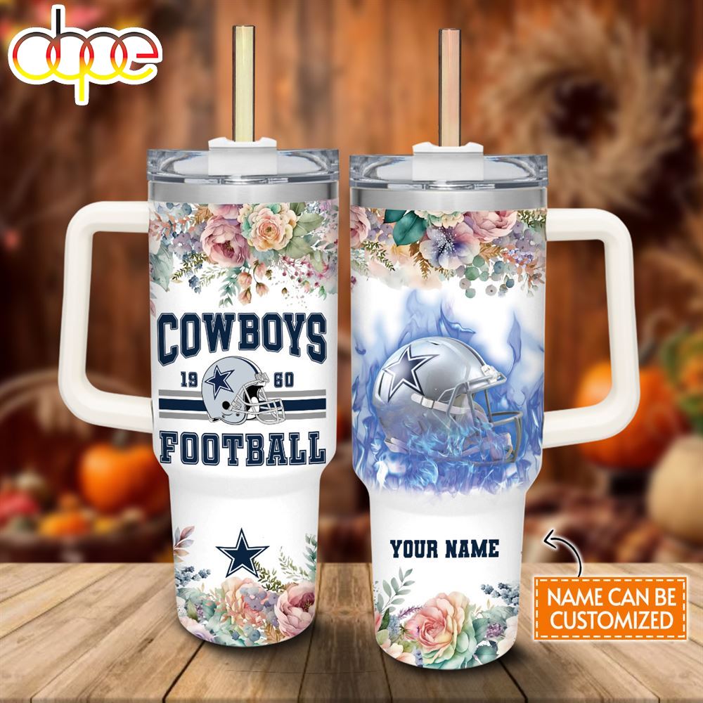 Custom Name Cowboys Helmet Flame Pattern 40oz Stainless Steel Tumbler With Handle And Straw Lid