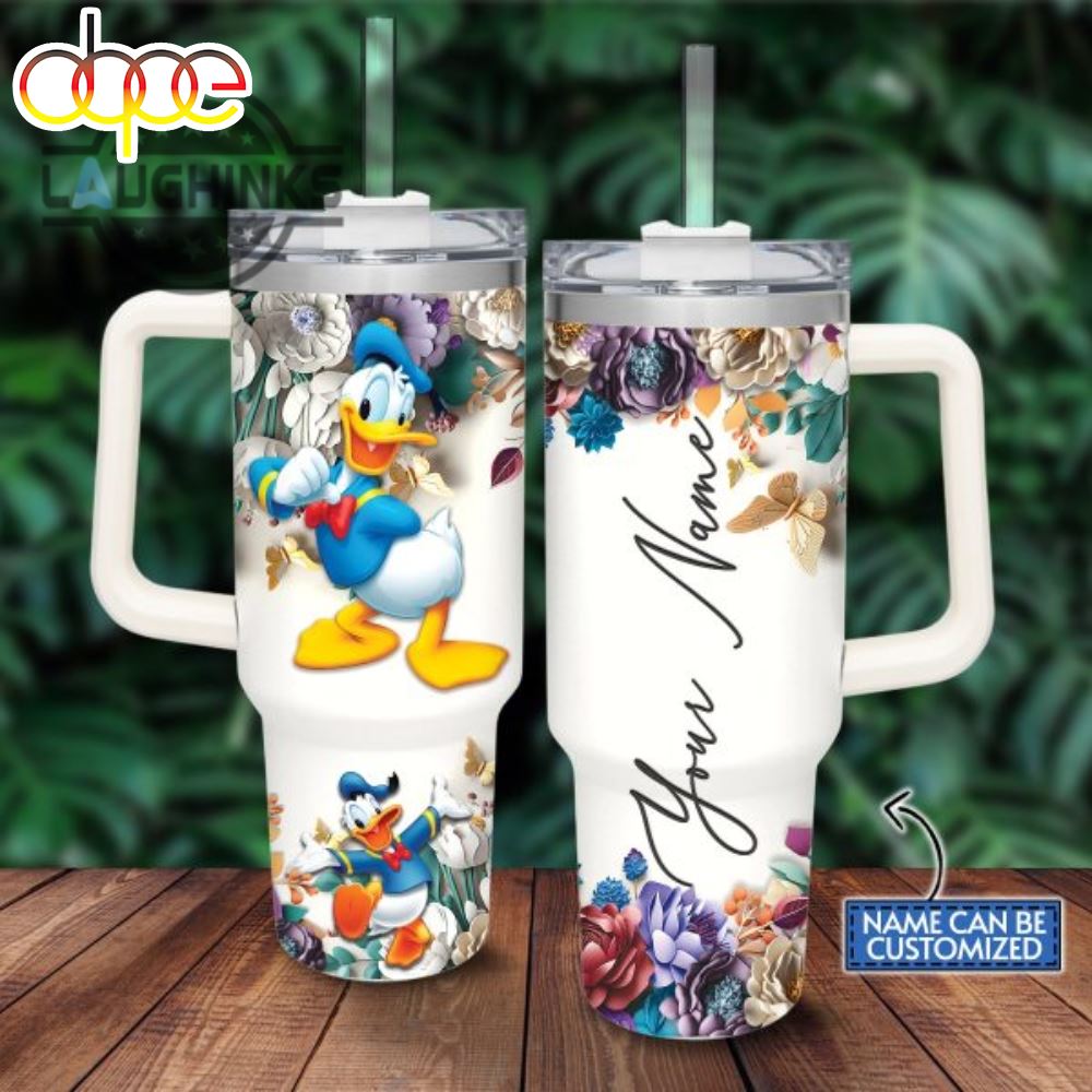 Custom Name Donald Duck 3D Colorful Flower Sublimation Pattern 40Oz Tumbler With Handle And Straw Lid 40 Oz Stanley Travel Cups