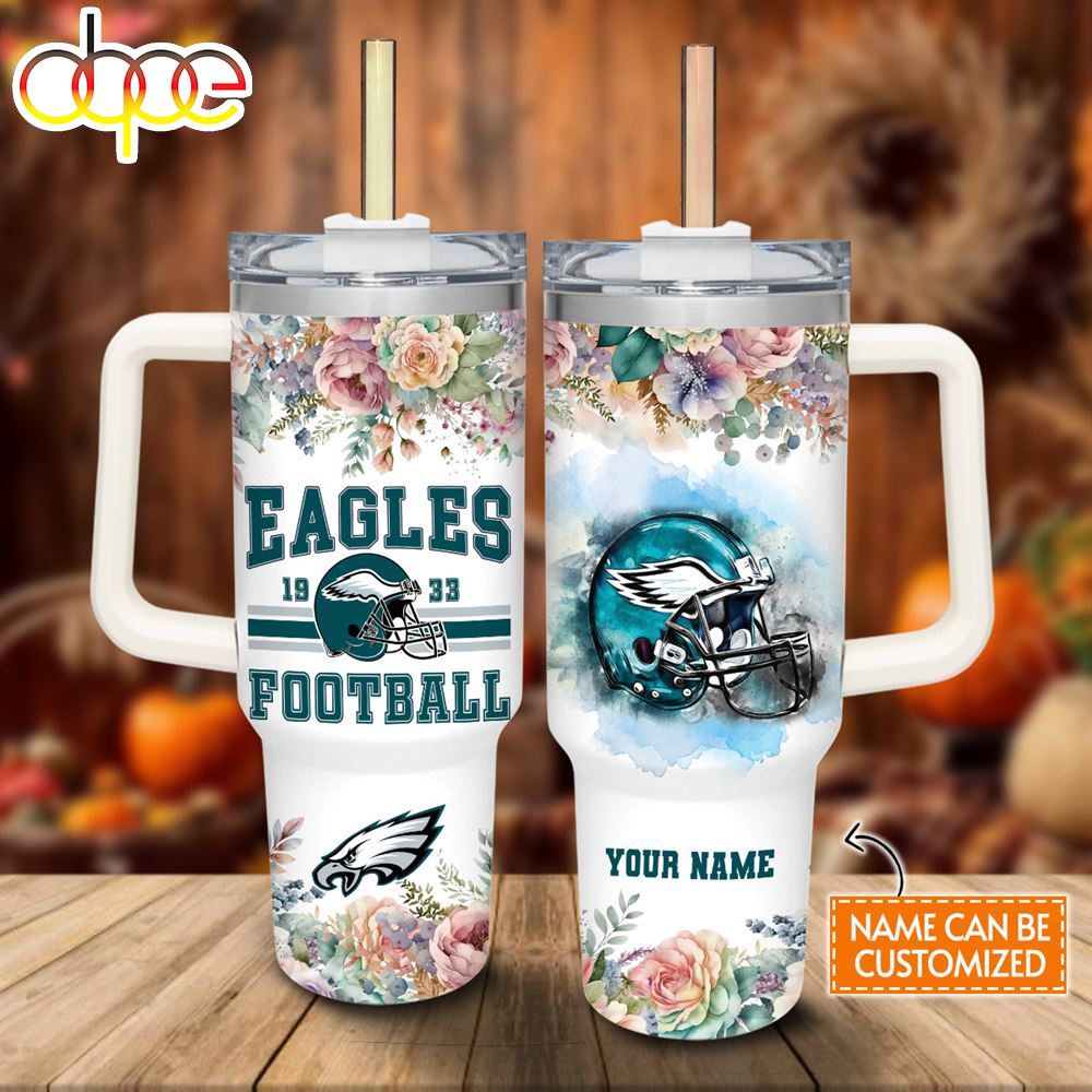 Custom Name Eagles Helmet Flame Pattern 40oz Stainless Steel Tumbler With Handle And Straw Lid