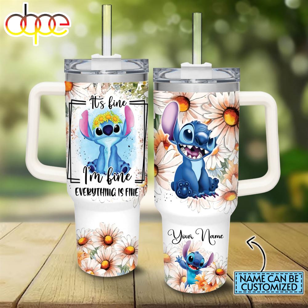 Custom Name Everything Is Fine Stitch Daisy Flower Pattern 40oz Stainless Steel Tumbler With Handle And Straw Lid