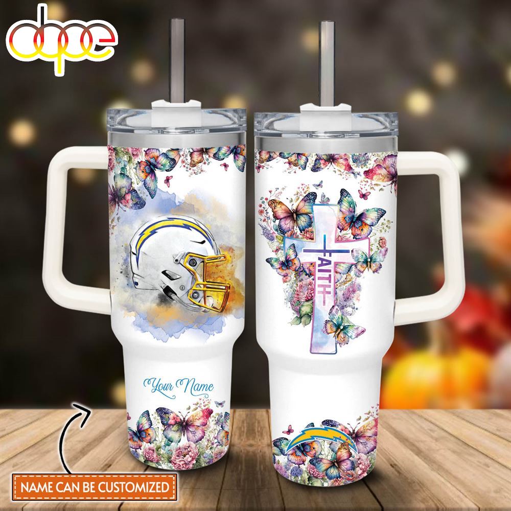 Custom Name Faith In Chargers Flower Butterflies Pattern 40oz Stainless Steel Tumbler With Handle And Straw Lid